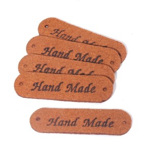 5szt podłużna metka "zamszowa" Hand Made mikrofibra, metki jasny brąz