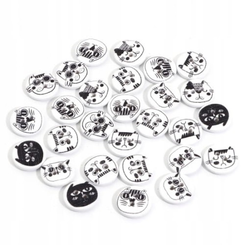 guziki mix drewniane czarno-białe koty 15mm w kotki