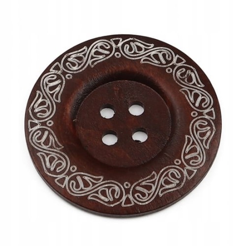 duży, drewniany guzik 60mm, 6cm, 4 dziurki, brązowy we wzory